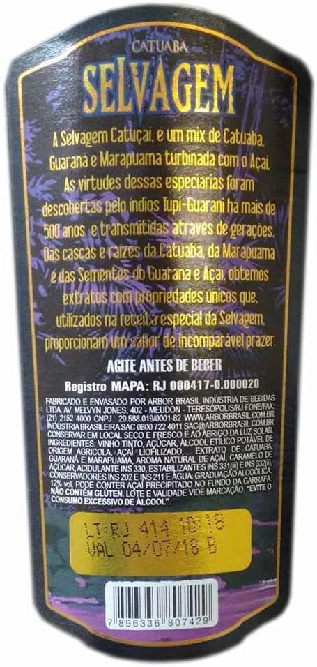 Bottle of COMARY Selvagem cocktail featuring açaí, catuaba, guaraná, and marapuama in a 900ml bottle.