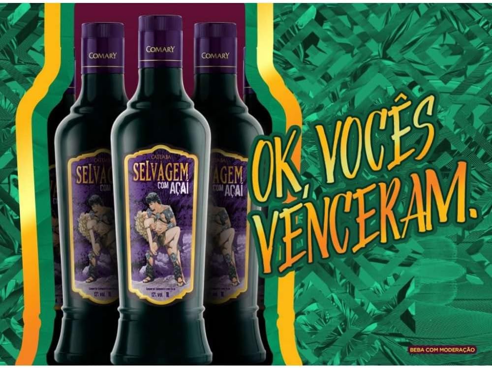 Bottle of COMARY Selvagem cocktail with a colorful label featuring Açaí, Catuaba, Guaraná, and Marapuama ingredients.