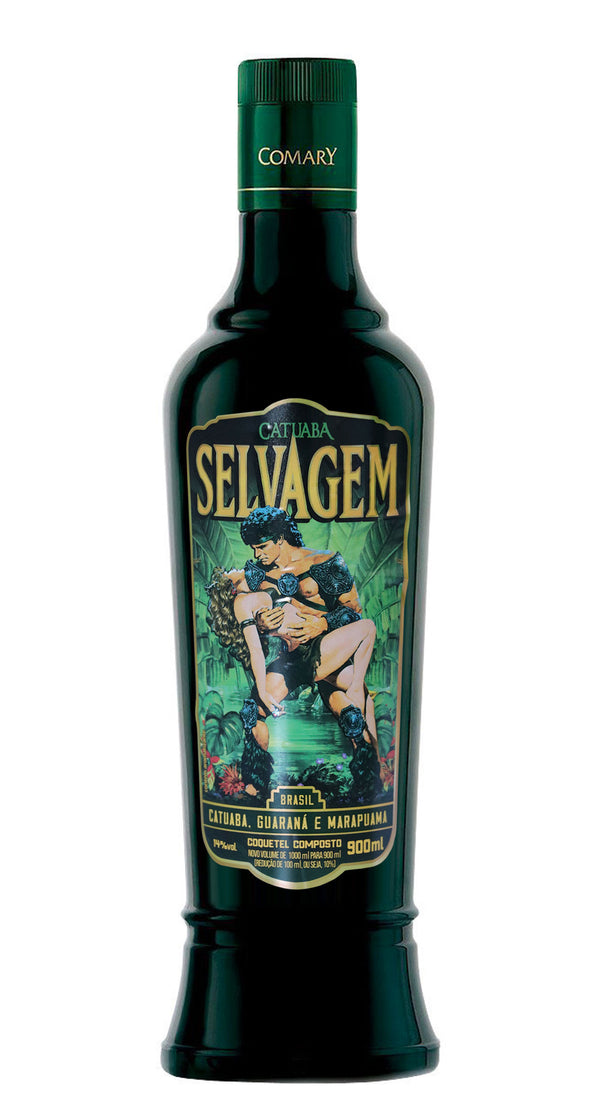 Bottle of COMARY Selvagem cocktail with Catuaba, Guaraná, and Marapuama, 900ml, showcasing the colorful label and beverage inside.