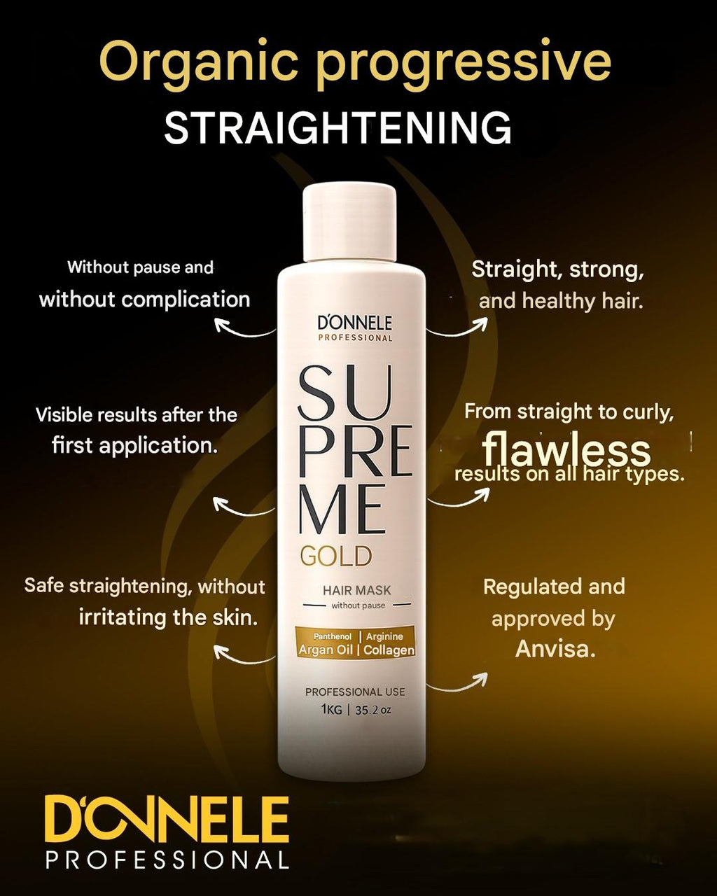 Donnele Supreme Gold Hair Straightening Mask (No-Pause) 1kg / 35.2 oz. - BuyBrazil