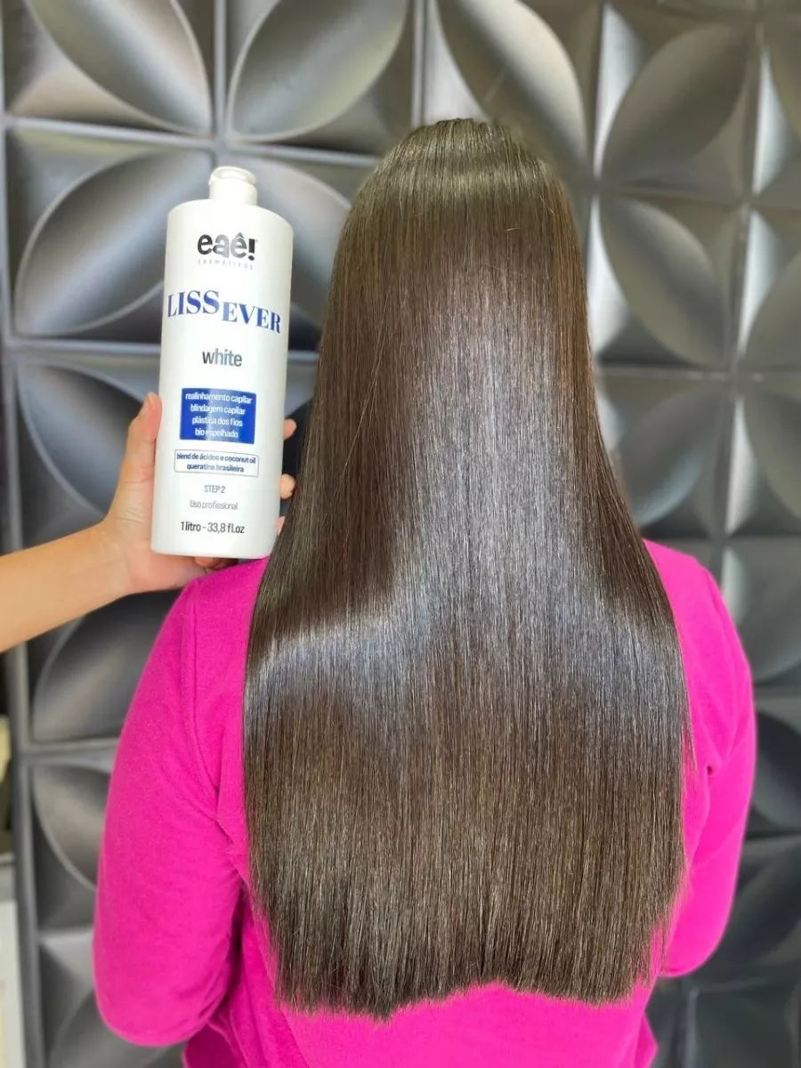 Eae! Liss Ever White formaldehyde-free organic smoothing treatment in 1000ml bottle, EAE Cosmeticos hair care product, glossy hair close-up