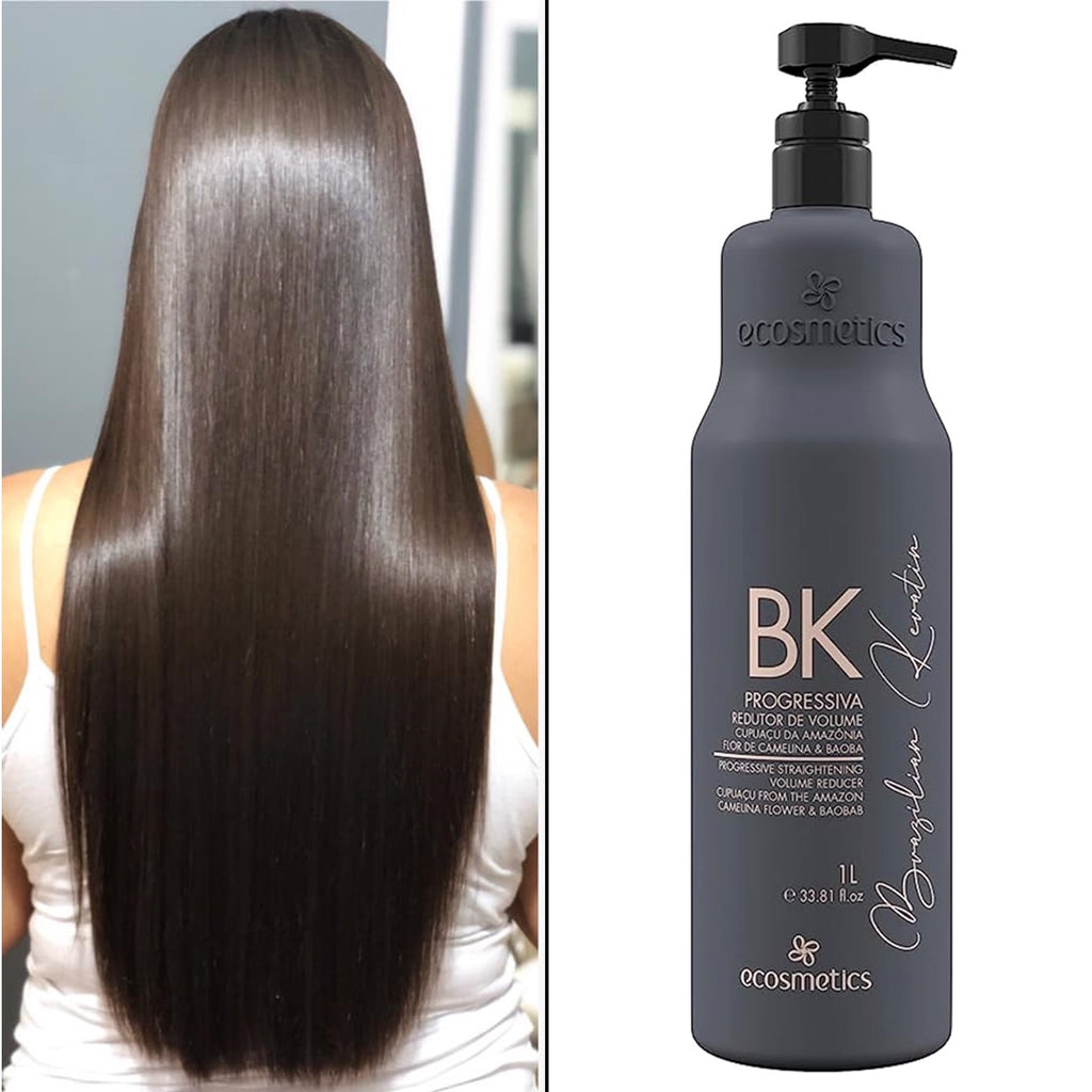 Ecosmetics BK Brazilian Keratin hair care bottle, 1000ml, with sleek packaging for progressive straightening treatment.