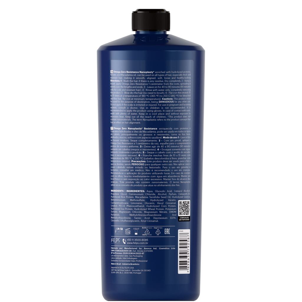 FELPS Omega Zero Nanoplastia Resistance Brazilian keratin hair treatment bottle, 1000ml, with packaging and product label visible.