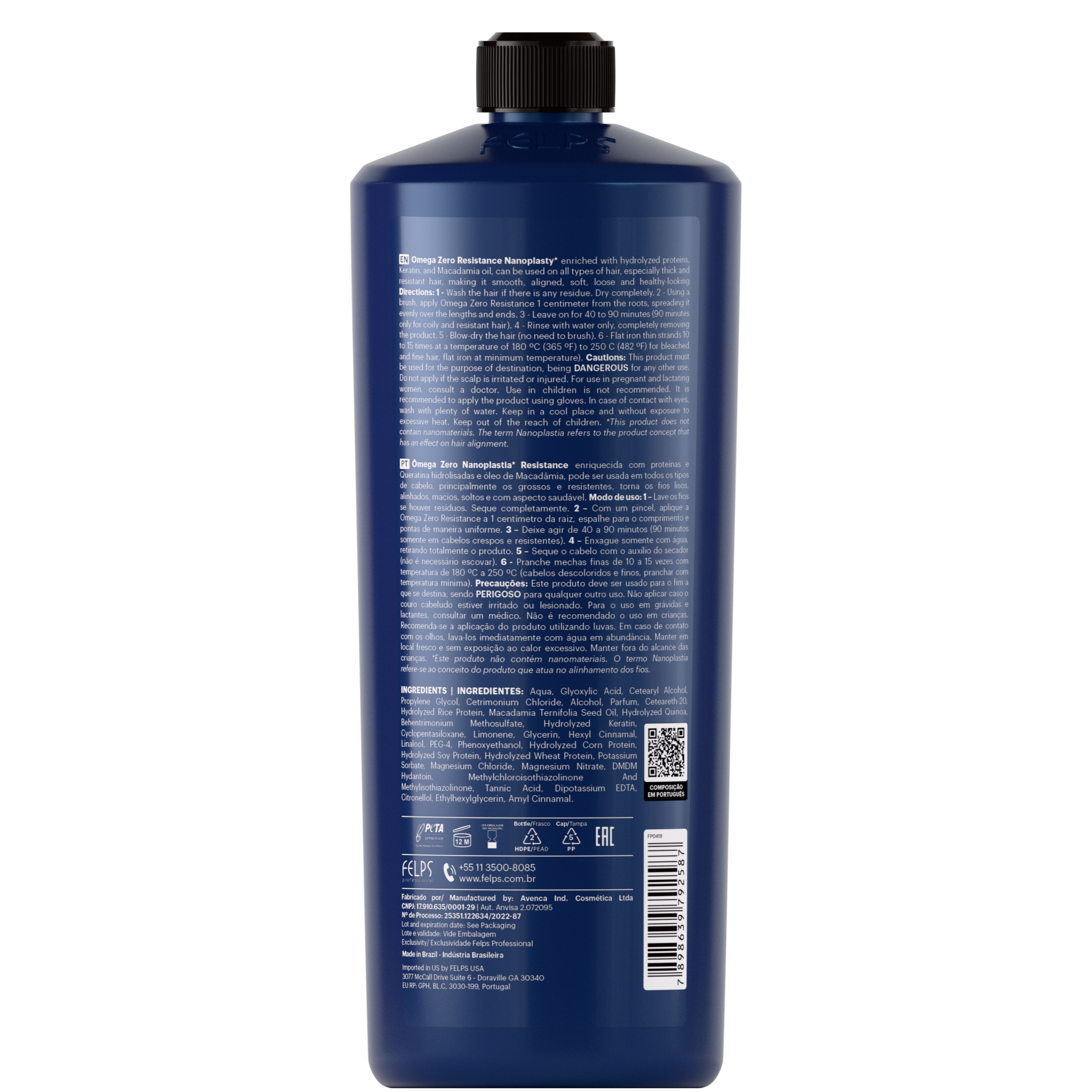 FELPS Omega Zero Nanoplastia Resistance Brazilian keratin hair treatment bottle, 1000ml, with packaging and product label visible.