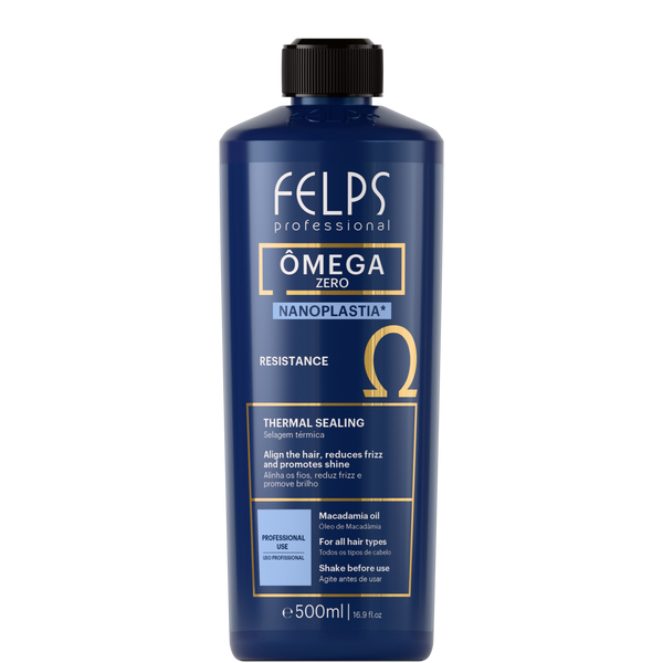 Felps Omega Zero Nanoplastia Resistance Brazilian keratin hair treatment in 500ml bottle, front view, for smoothing and strengthening hair.