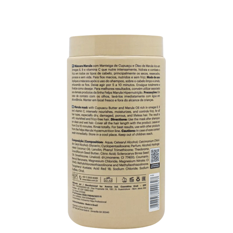 FELPS Marula Hypernutrition Hair Mask in 1kg jar, nourishing hair care treatment with Marula oil for deep hydration and softness.