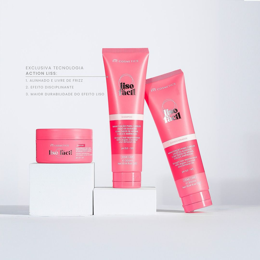 Fit Cosmetics Liso Facil Easy Straightening Kit for hair, smoothing, hydrating, and post-chemical treatment home care product.