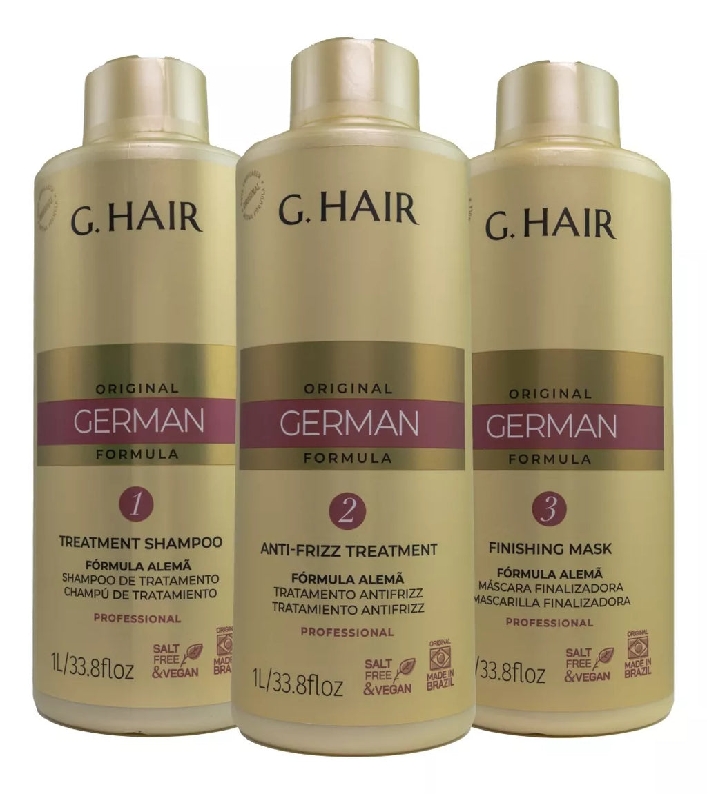 G.Hair German Intelligent Progressive Hair Brush Kit with three 1000ml bottles, designed for silky, frizz-free hair care.