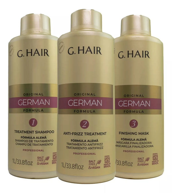 G.Hair German Intelligent Progressive Hair Brush Kit with three 1000ml bottles, designed for silky, frizz-free hair care.
