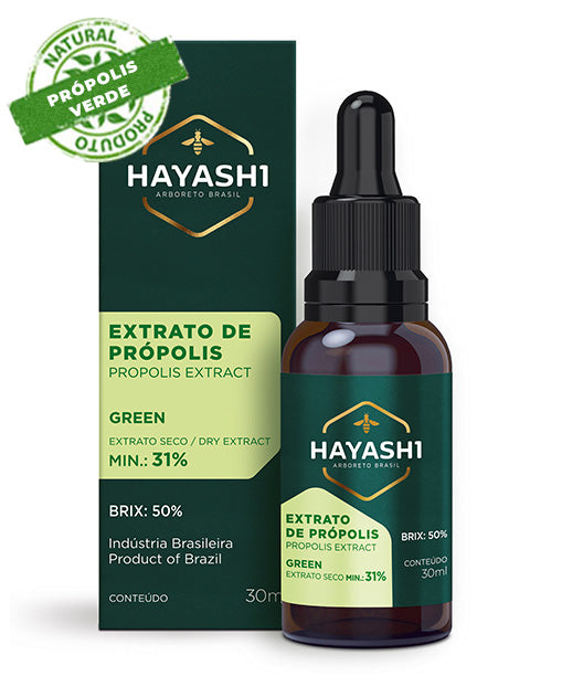 Hayashi Especial ESM 31% Green Propolis Extract in a 30ml bottle, featuring a dark liquid inside a clear glass container.