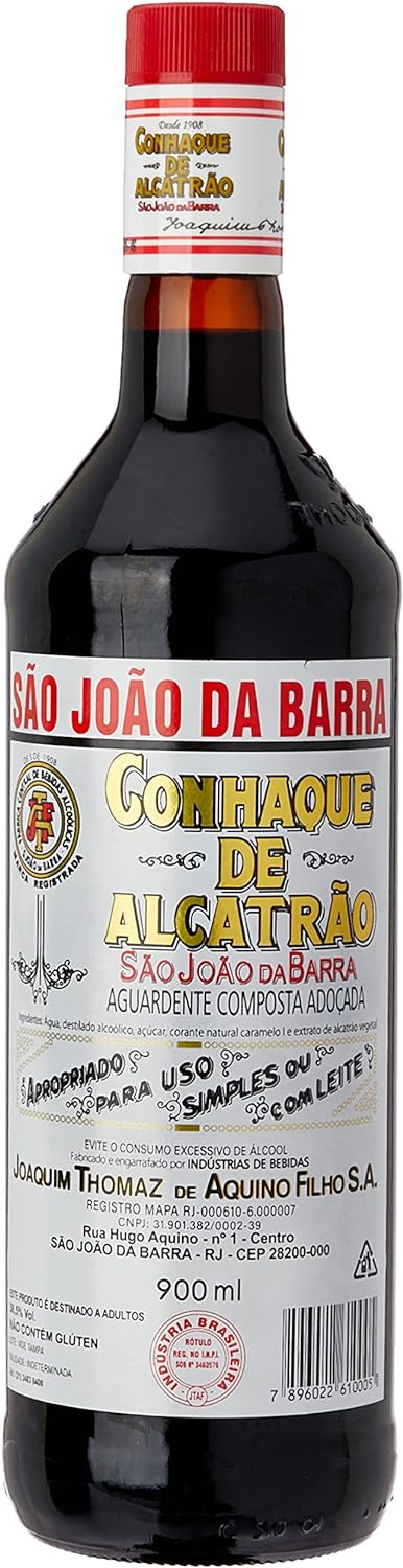 Bottle of São João da Barra Tar Cognac Aperitif by Joaquim Thomaz de Aquino Filho, 900ml, with label visible and cork stopper.