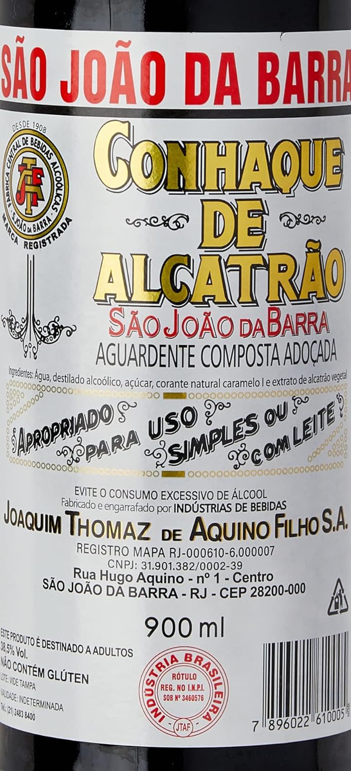 Bottle of São João da Barra Tar Cognac Aperitif by Joaquim Thomaz de Aquino Filho, 900ml, with a label featuring traditional design.