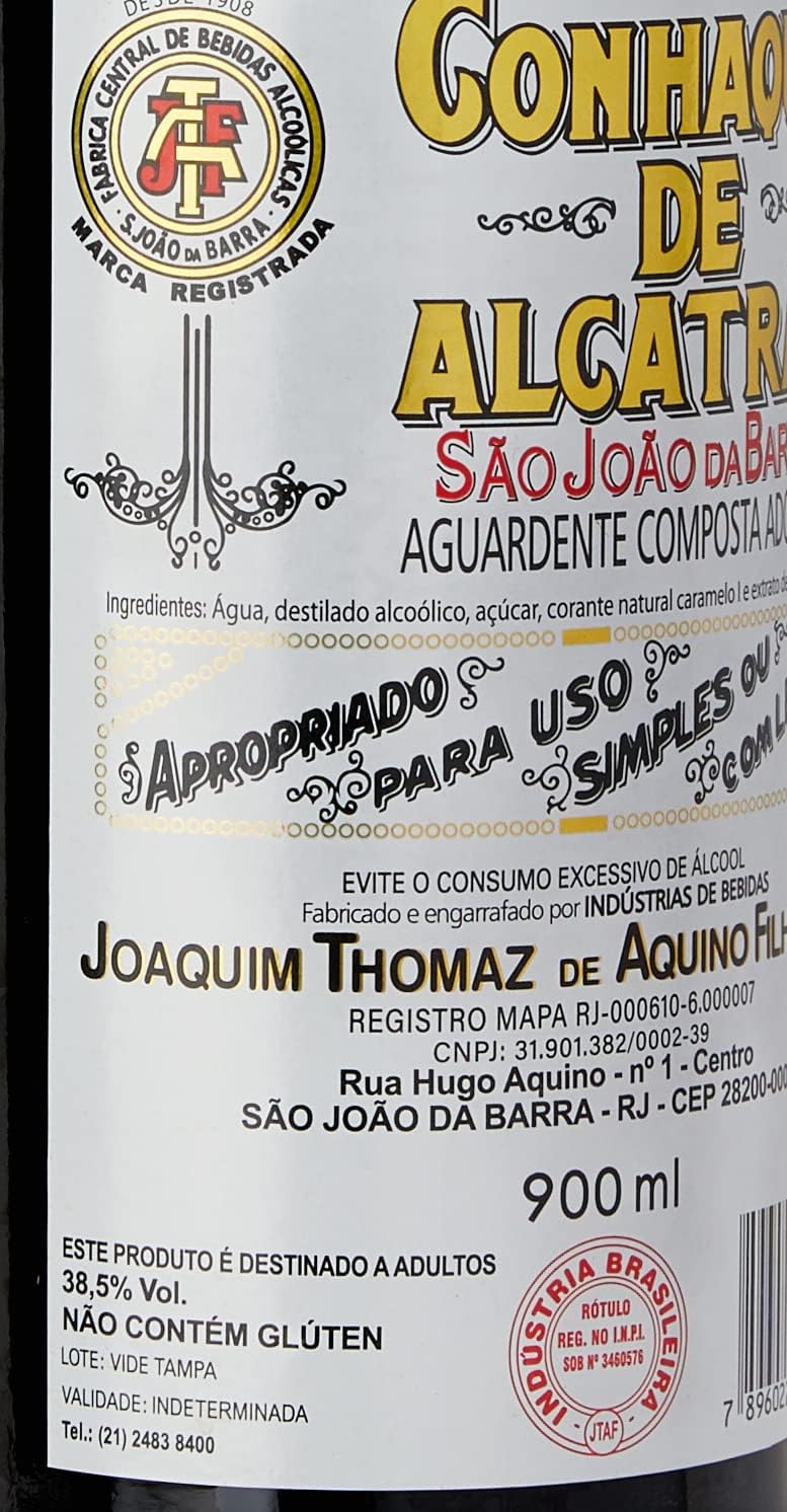 Bottle of São João da Barra Tar Cognac Aperitif by Joaquim Thomaz de Aquino Filho, 900ml, with a clear label and dark glass bottle.