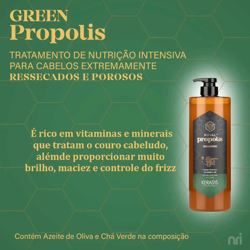 Kits Kerasys Royal Própolis Shampoo + Tratamento No total 1L Energia Original + Brilho E Adereço Verde .