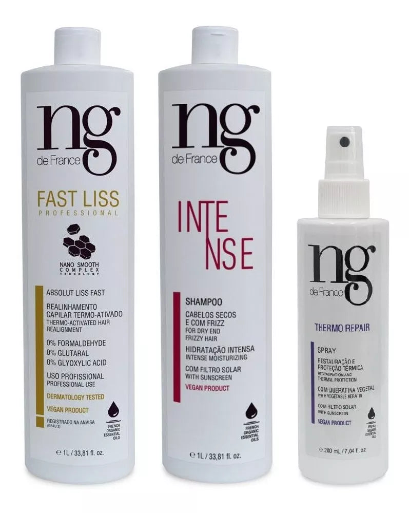 NG de France Fast Liss Vegan Realignment Kit: Fast Liss | Intense Shampoo 2X1000ml | Thermo Repair Spray - BuyBrazil