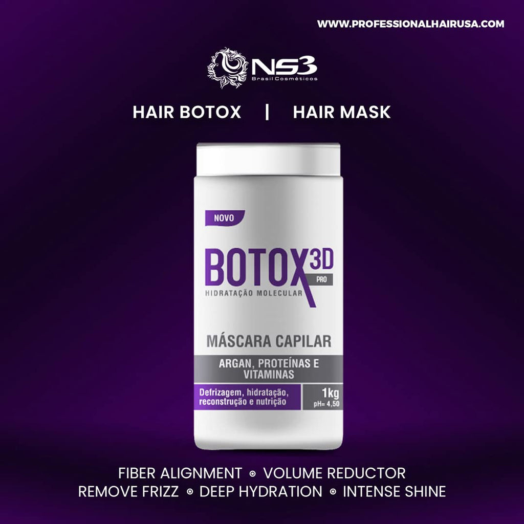 NS3 Brasil BTX 3D Pro Hair Mask treatment in purple jar, designed for frizz control, volume reduction, and intense shine.