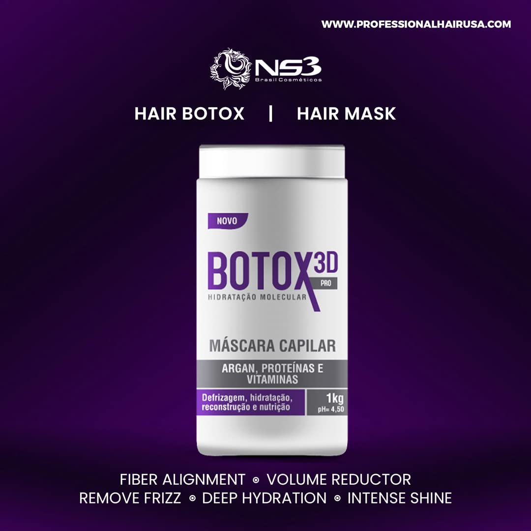 NS3 Brasil BTX 3D Pro Hair Mask treatment in purple jar, designed for frizz control, volume reduction, and intense shine.