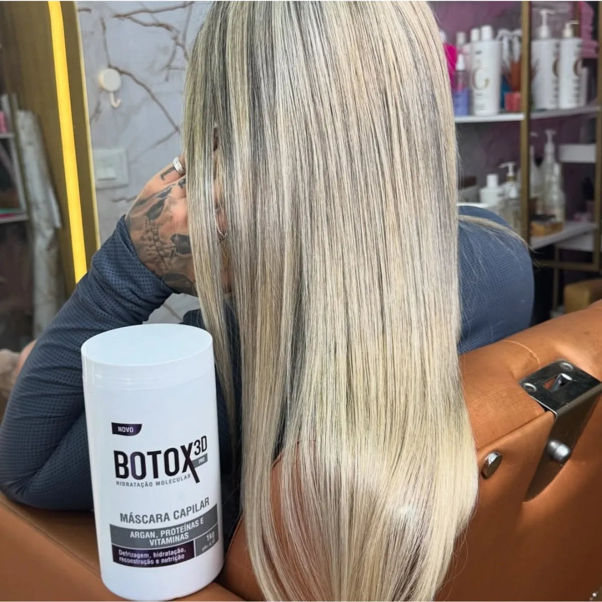 NS3 Brasil BTX 3D Pro Hair Mask treatment in purple, reducing frizz, adding shine, smoothing waves, and boosting volume.
