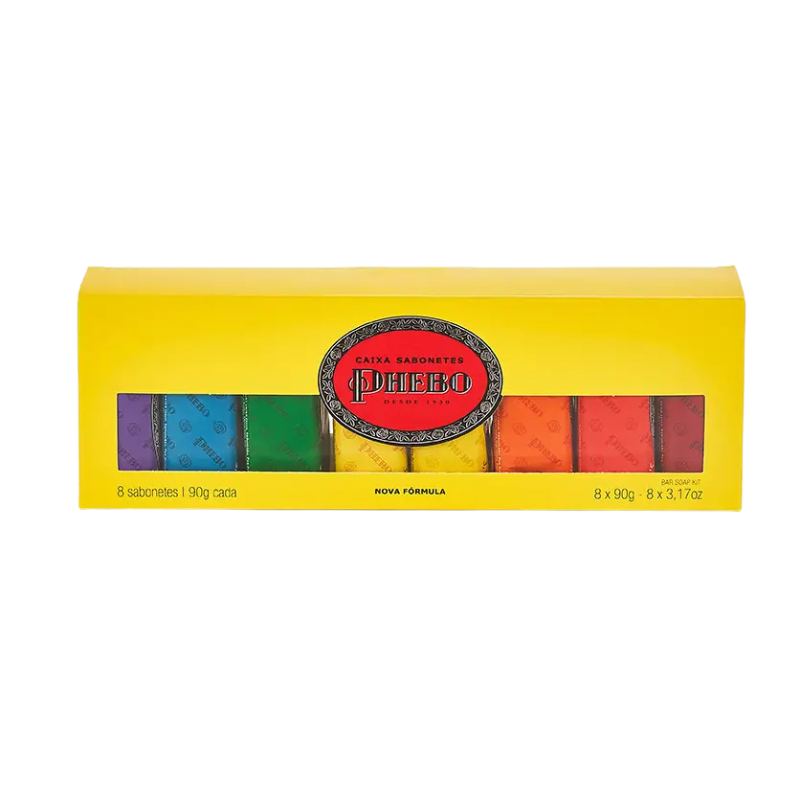 Box of 8 Phebo Glycerin Soap bars, 90g each, with natural moisturizing ingredients, displayed in a clean, organized package.
