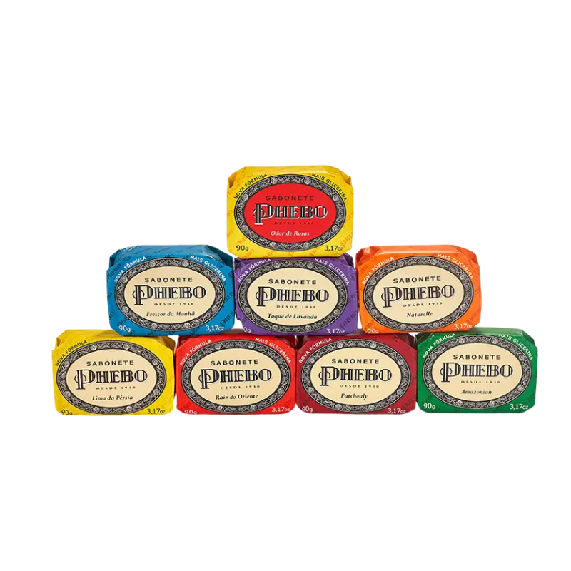 Set of 8 Phebo glycerin soap bars, 90g each, displayed in a box, ideal for nourishing and caring for the skin.