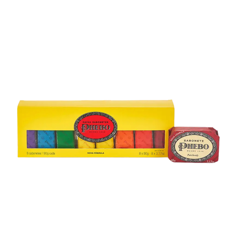 Set of 8 Phebo Glycerin Soap bars, 90g each, in a box, part of PHEBO's body care collection, displayed in the image.