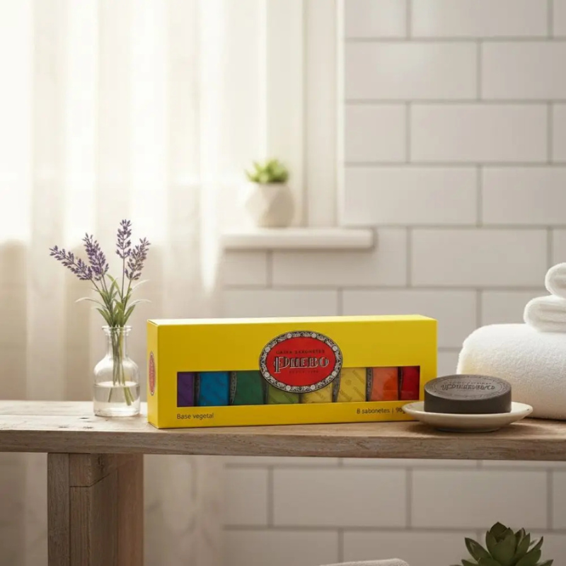 Set of 8 Phebo glycerin soap bars, 90g each, in a box. Natural skincare soap for body care, by Phebo.