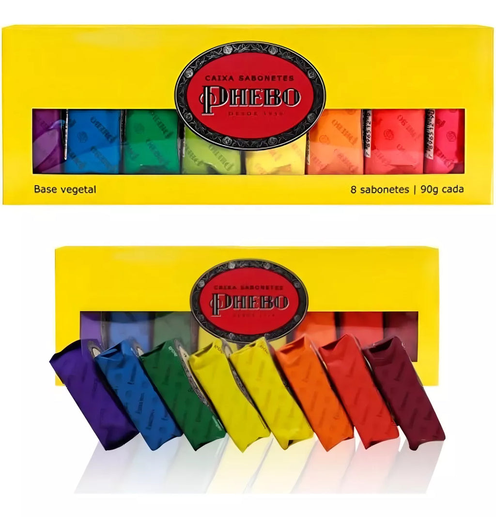 Phebo glycerin soap box with 8 units of 90g each, natural skincare product for body care, in a colorful packaging.