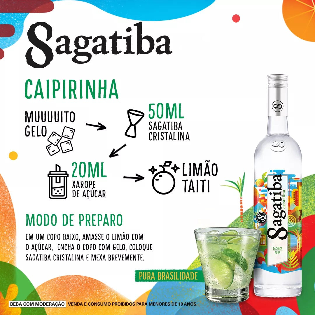Sagatiba Cristalina Cachaça bottle, clear spirit in 700ml glass bottle, showing traditional Brazilian liquor brand.