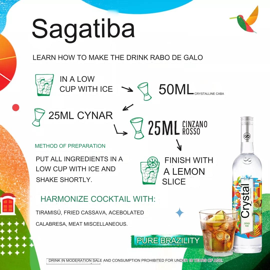 Sagatiba Cristalina Cachaça bottle with clear liquid, 700ml, featuring a sleek label, in a typical glass bottle for drinks and food.