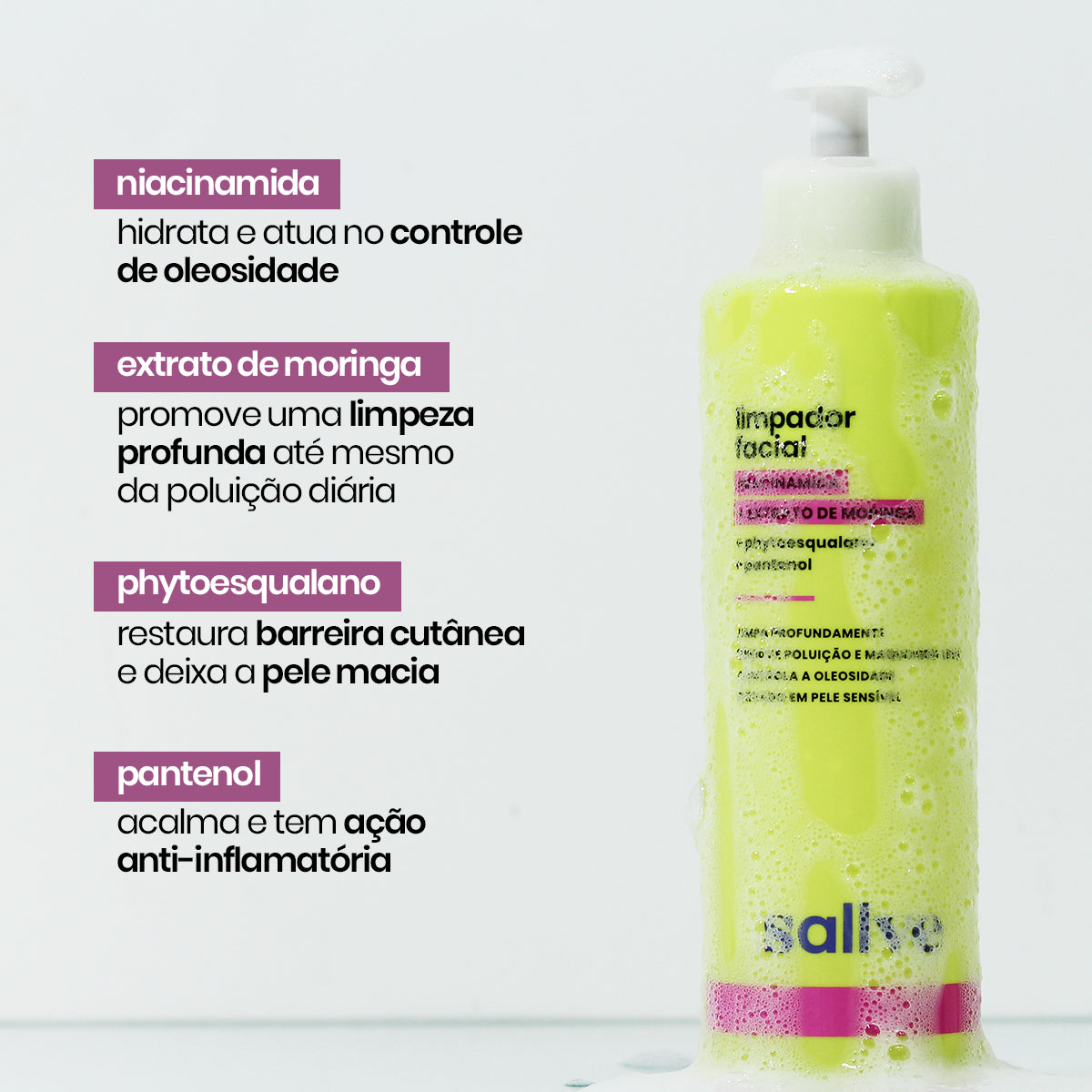 Gel-Foam Facial Cleanser with Niacinamide, Moringa Extract and Sulfate Free 300ml Sallve - BuyBrazil