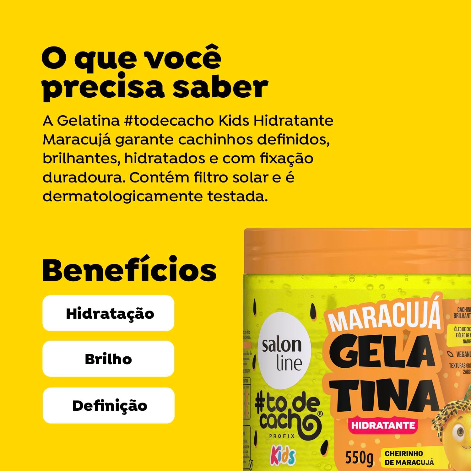 Salon Line, Gelatina Capilar Hidratante, Maracujá, #todecacho Kids, Vegana - Para Cabelos Ondulados, Cacheados e Crespos, Salon Line, 550g - BuyBrazil