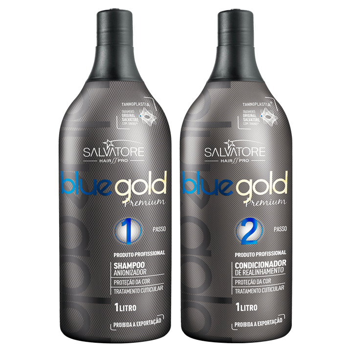 Salvatore Blue Gold Premium formaldehyde-free progressive hair care kit with two 1000ml bottles, designed for hair treatment.
