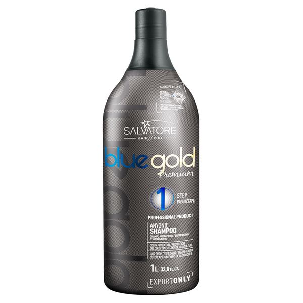 Salvatore Blue Gold Premium formaldehyde-free progressive hair treatment kit with two 1000ml bottles, featuring blue and gold packaging.