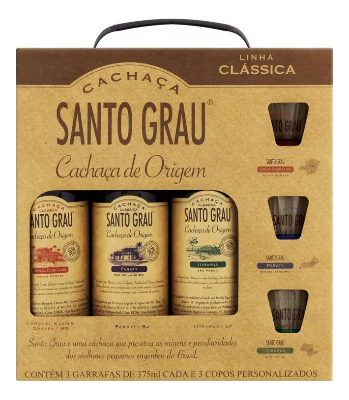 Santo Grau Classic Aperitif Cachaças Kit 3x375ml + 3 Personalized Glasses - BuyBrazil