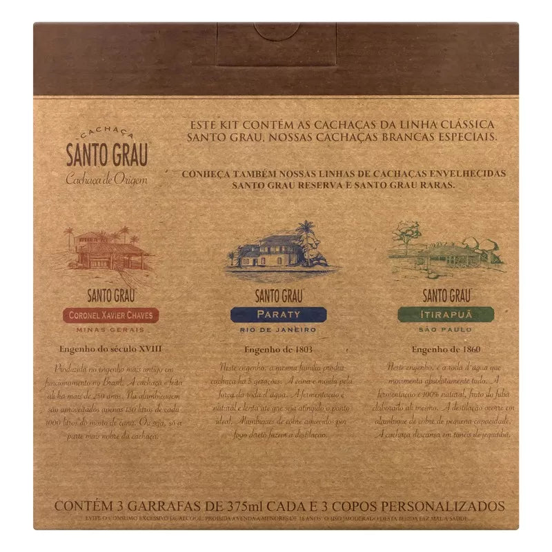 Santo Grau Classic Aperitif Cachaças Kit 3x375ml + 3 Personalized Glasses - BuyBrazil