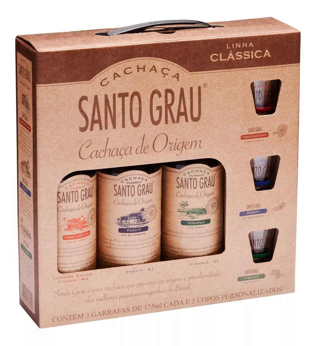 Santo Grau Classic Aperitif Cachaças Kit 3x375ml + 3 Personalized Glasses - BuyBrazil