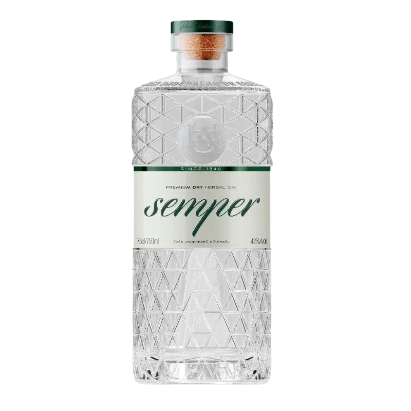 Bottle of SEMPER artisanal gin by Brasilberg with a detailed label and elegant packaging, 750ml size.