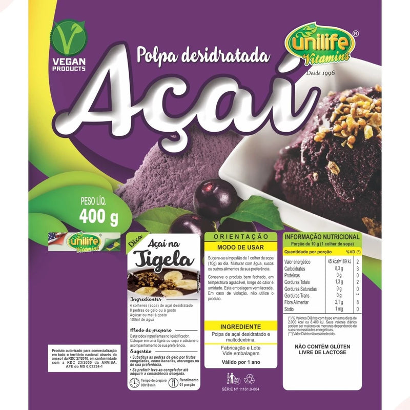 Dehydrated Açaí Powder Pulp 400g Pack Unilife