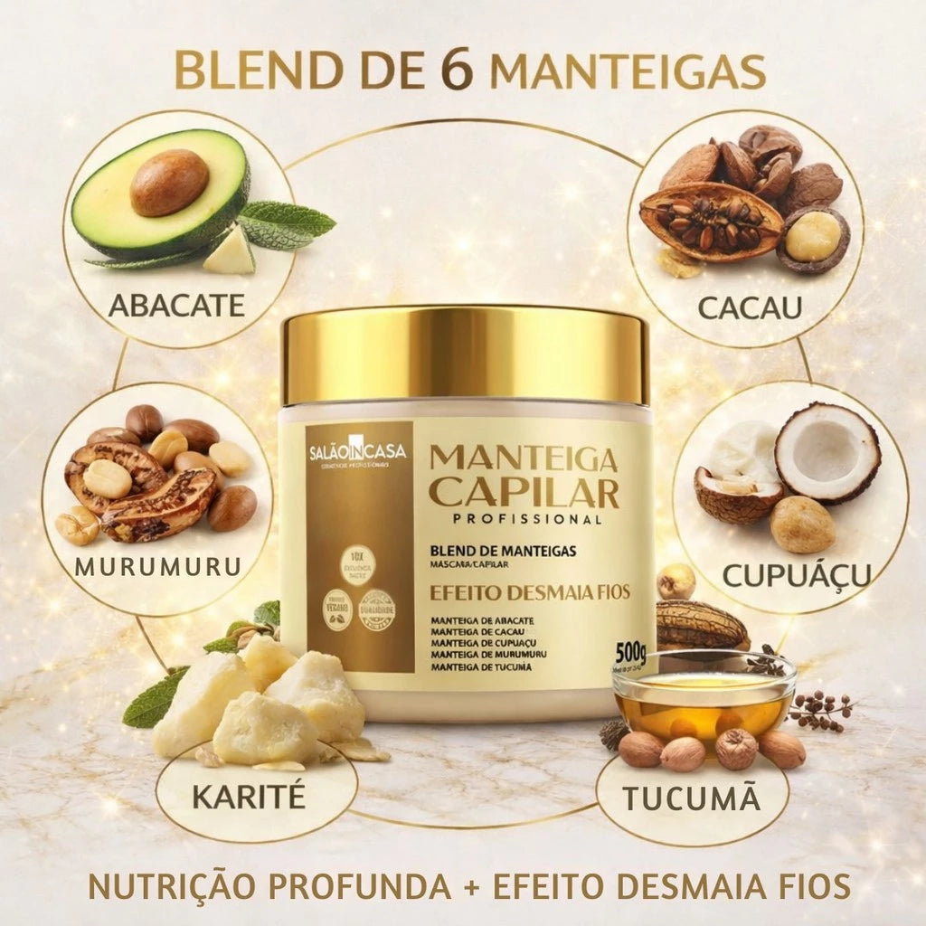 MANTEIGA CAPILAR PROFISSIONAL MEGA NUTRIÇÃO 6 MANTEIGAS  – EFEITO DESMAIA FIOS  SALÃO IN CASA (500G)