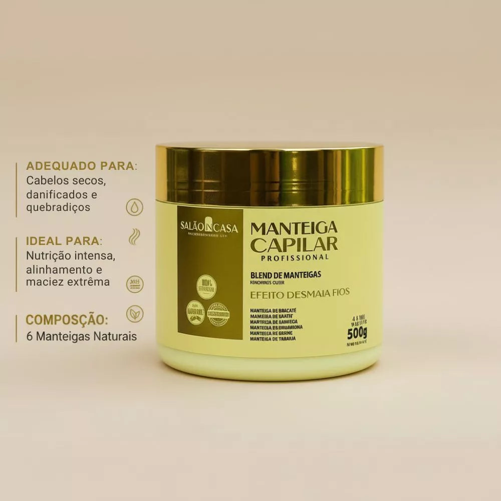 MANTEIGA CAPILAR PROFISSIONAL MEGA NUTRIÇÃO 6 MANTEIGAS  – EFEITO DESMAIA FIOS  SALÃO IN CASA (500G)