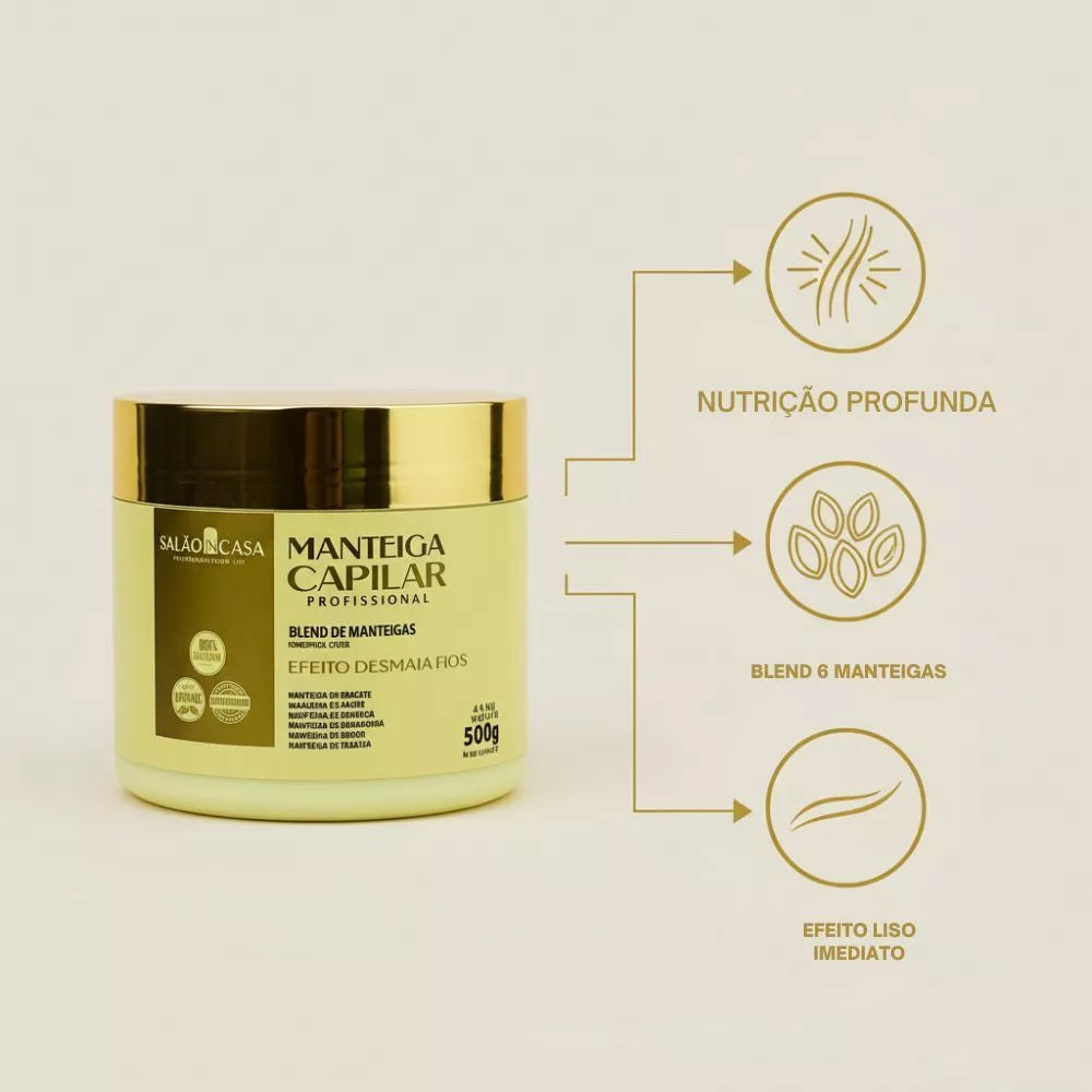 MANTEIGA CAPILAR PROFISSIONAL MEGA NUTRIÇÃO 6 MANTEIGAS  – EFEITO DESMAIA FIOS  SALÃO IN CASA (500G)