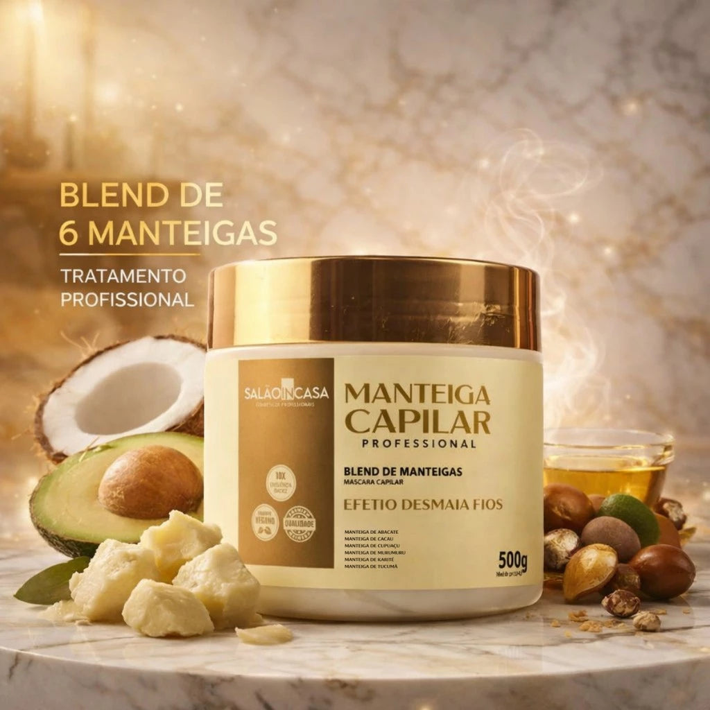 MANTEIGA CAPILAR PROFISSIONAL MEGA NUTRIÇÃO 6 MANTEIGAS  – EFEITO DESMAIA FIOS  SALÃO IN CASA (500G)