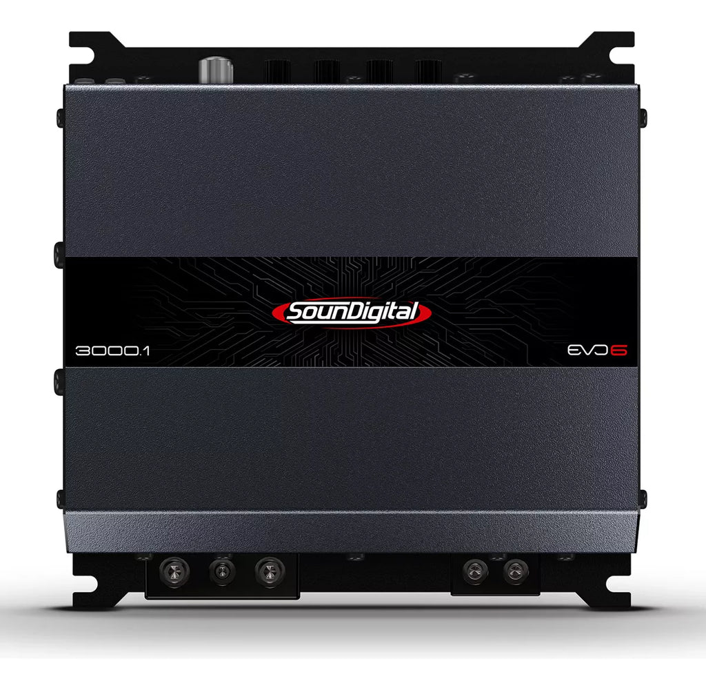 Soundigital SD3000 EVO 6 car audio amplifier showing sleek black design and control knobs for mono 3000-watt RMS power.