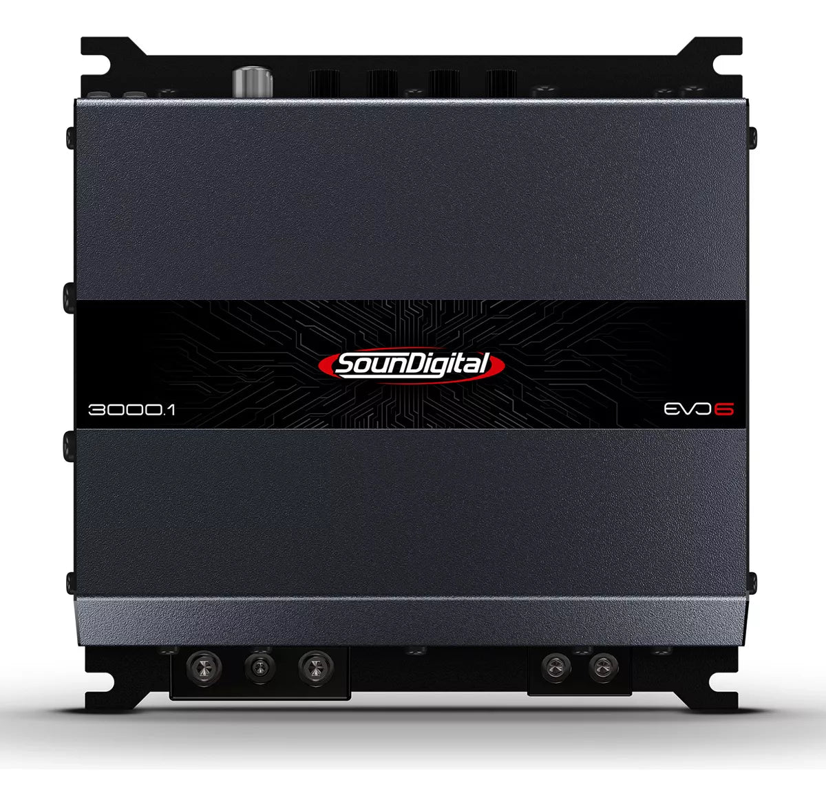 Soundigital SD3000 EVO 6 car audio amplifier showing sleek black design and control knobs for mono 3000-watt RMS power.