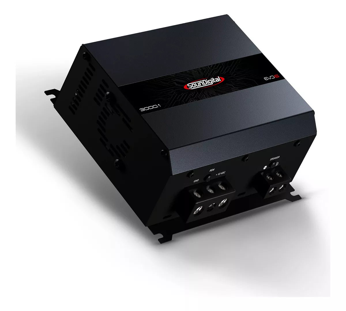 Soundigital SD3000 EVO 6 car audio amplifier mono 3000W RMS, showing the sleek black design and control knobs.
