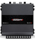 Soundigital SD800.4D EVO 6 car amplifier showing front panel with control knobs and branding, 4-channel, 800W RMS output