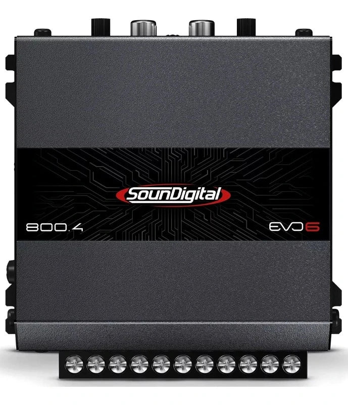 Soundigital SD800.4D EVO 6 car amplifier showing front panel with control knobs and branding, 4-channel, 800W RMS output