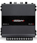 Soundigital SD800.4D EVO 6 car amplifier showing front panel with control knobs and branding, 4-channel, 800W RMS output