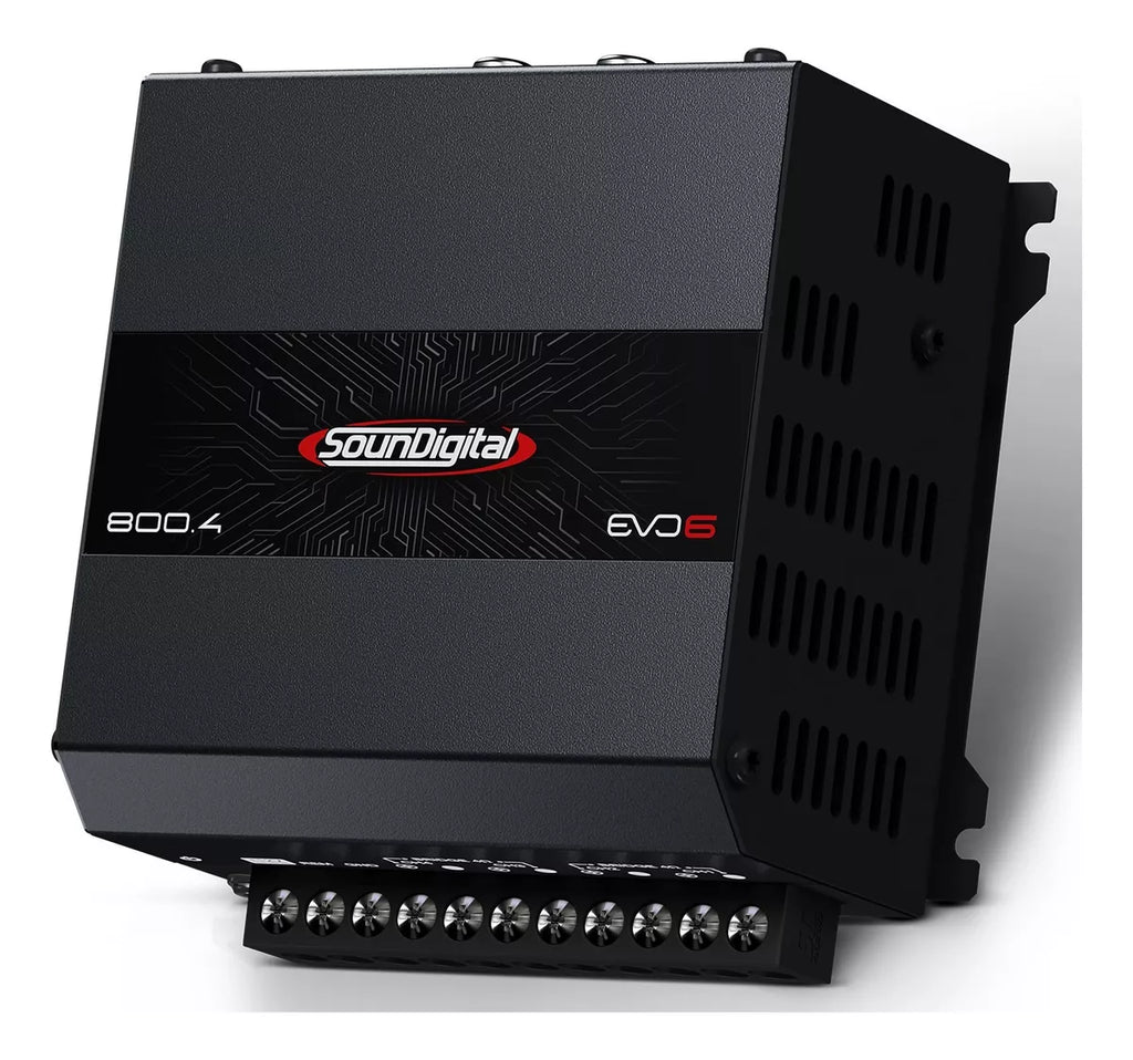 Soundigital SD800.4D EVO 6 car amplifier with four channels, 800W RMS power, shown in a sleek black design.