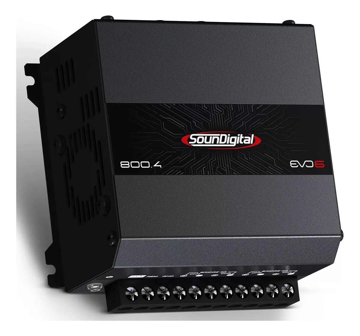 Soundigital SD800.4D EVO 6 car amplifier showing front panel with controls and branding, delivering 800 watts RMS output.